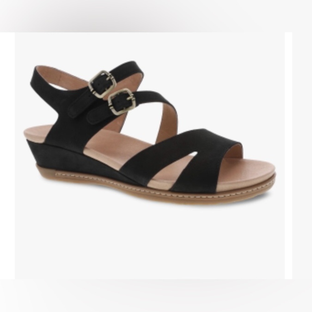 Dansko Angela Leather Black Wedge Casual Sandals Shoes 39 (8.5-9)